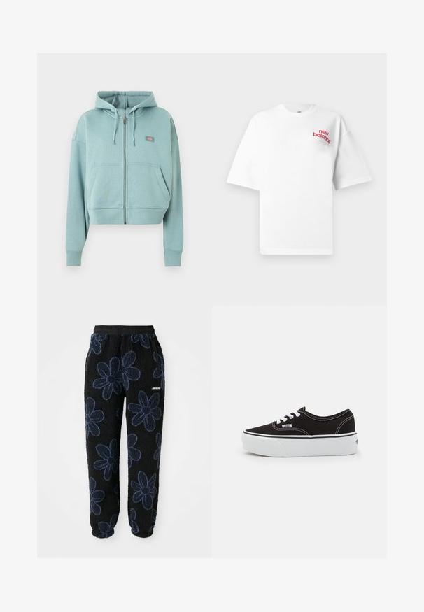 Sudadera con capucha azul claro con cremallera, bolsillos delanteros, capucha con cordón y pequeño parche rectangular con logo en el pecho.; Camiseta blanca de manga corta con un pequeño logo rojo de "new balance" en el pecho izquierdo, mostrada sobre un fondo liso.; Pantalones de chándal de felpa con un fondo negro y un patrón floral en azul oscuro. Presentan una cintura elástica y bolsillos laterales. Textura suave.; Zapatilla de lona negra con suela de plataforma de goma blanca, que presenta cordones y costuras blancas, con branding icónico en el lateral, diseño de corte bajo.