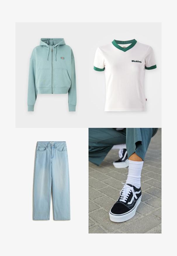 Hellblauer Kapuzenpullover mit Reißverschluss, Fronttaschen, Kordelzug in der Kapuze und kleinem rechteckigem Logopatch auf der Brust.; Weißes T-Shirt mit kurzen Ärmeln, grünem V-Ausschnitt und grünen Ärmelbesätzen; mit dem dunkelgrünen "Dickies"-Logo auf der linken Brust. Glatte Baumwolltextur.; Helles blaugraues, hoch geschnittenes, weit geschnittenes Jeansmodell aus Denim, mit fünf Taschen, einem Reißverschluss und subtilen Verfärbungen an den Beinen.; Schwarze Wildledersneaker mit weißen Akzenten und Schnürsenkeln, ausgestattet mit einer dicken weißen Sohle und kontrastierenden Nähten, kombiniert mit einer weißen Socke.