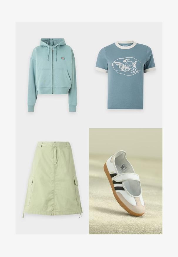 Sudadera con capucha azul claro con cremallera, bolsillos delanteros, capucha con cordón y pequeño parche rectangular con logo en el pecho.; Camiseta de algodón azul con mangas cortas y ribete blanco en el cuello. Presenta un estampado gráfico de una figura alada con el texto "WIP" en el centro.; Falda de algodón verde claro, hasta la rodilla, con dos bolsillos laterales tipo cargador, cierre de botón y un corte recto relajado. Textura lisa.; Zapato blanco con puntera de ante rosa, rayas negras y una correa de Velcro. Cuenta con una suela de goma color tostado y un logo en el lateral.