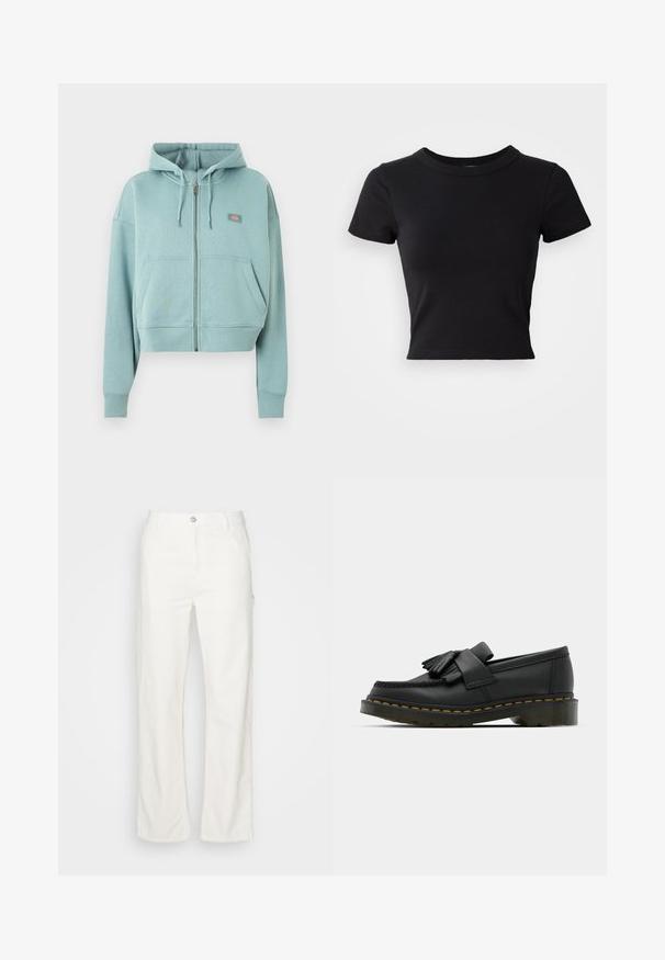 Sudadera con capucha azul claro con cremallera, bolsillos delanteros, capucha con cordón y pequeño parche rectangular con logo en el pecho.; Camiseta corta negra hecha de algodón sólido, con mangas cortas y un cuello redondo, de diseño suave y sencillo.; Pantalones rectos de algodón blanco con cierre frontal de botón, lazos para cinturón y bolsillos laterales. Textura suave sin patrones visibles.; Mocasines de cuero negro con punta redonda, que presentan un detalle de flecos y una banda decorativa en la parte frontal, montados sobre un tacón grueso.