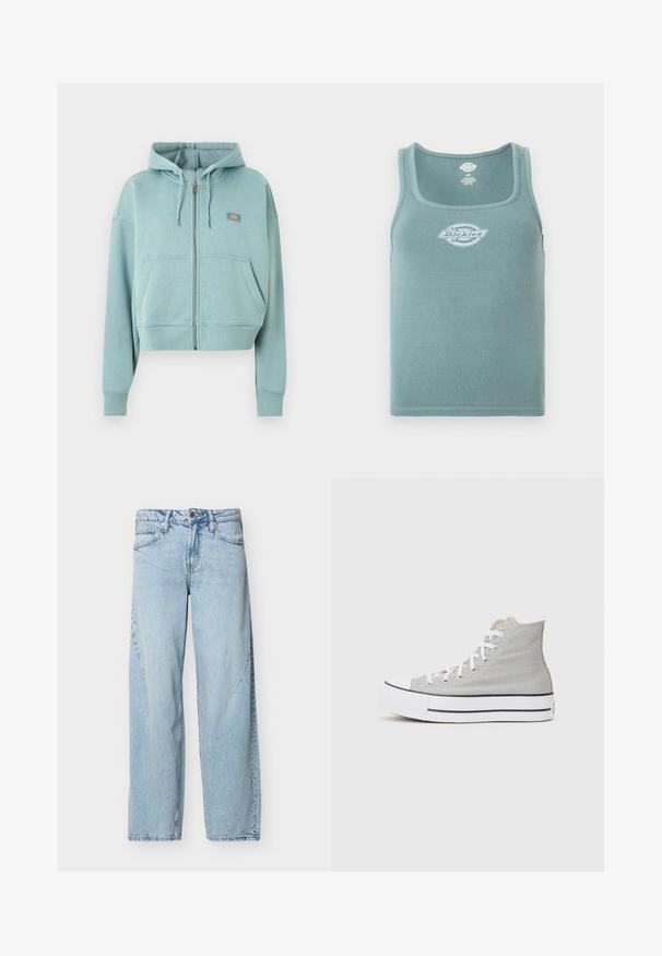 Sudadera con capucha azul claro con cremallera, bolsillos delanteros, capucha con cordón y pequeño parche rectangular con logo en el pecho.; Camiseta sin mangas acanalada en verde azulado apagado con escote cuadrado y logo blanco de Dickies centrado en el pecho.; Vaqueros de mezclilla azul claro de pierna recta con bolsillos delanteros, trabillas para cinturón y cierre de botón sobre un fondo blanco liso.; Zapatillas altas de lona gris claro, con cordones blancos, suela de goma blanca y una franja negra a lo largo de la base.