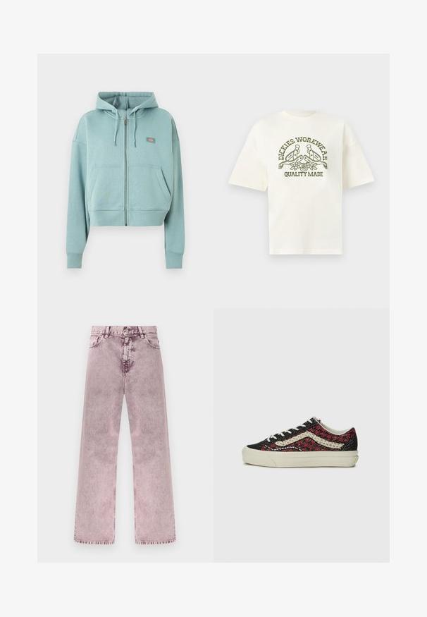 Lichtblauwe hoodie met rits, voorzakken, capuchon met trekkoord en een klein rechthoekig logo op de borst.; Wit T-shirt met korte mouwen en olijfgroene tekst "Dickies Workwear Quality Made" en een afbeelding van twee sporen en bloemen aan de voorkant.; High-rise, wijde spijkerbroek in verwassen roze met knopen aan de voorkant, ritssluiting, riemlussen en voor- en achterzakken.; Vans OLD SKOOL 36 UNISEX - Sneakers laag - bordeaux