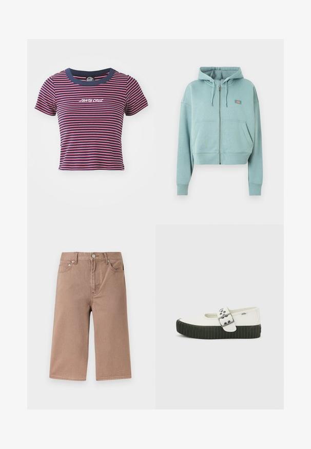 Lyseblå hættetrøje med lynlås, frontlommer, snørre i hætten og lille rektangulært logo på brystet.; Stripet kortærmet t-shirt i navy, rød og pink. Har en solid navy halsudskæring og broderet "SANTA CRUZ" logo på fronten.; Lystebrune knælange denimshorts med forreste knap, lynlås, bæltestropper og forlommer på en ensfarvet baggrund.; Hvid Vans Mary Jane-sko med tyk sort ribbet sål og stor sølvspænde på en ensfarvet grå baggrund.