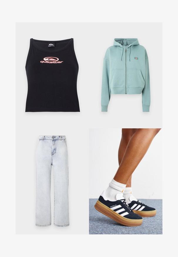 Lyseblå hættetrøje med lynlås, frontlommer, snørre i hætten og lille rektangulært logo på brystet.; Sort udenærmet crop top lavet af blødt stof med et pink Quiksilver-logo centralt på brystet. Enkel design med rund udskæring.; Lyseblå denim bredbenede jeans med høj talje, med knaplukning, lige kant og minimal falming.; Ben iført hvide sokker og sorte Adidas Gazelle sneakers med hvide striber og tykke brune såler på et gråt tæppe.
