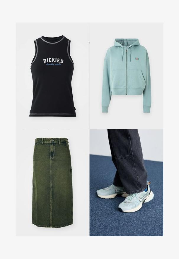 Hellblauer Kapuzenpullover mit Reißverschluss, Fronttaschen, Kordelzug in der Kapuze und kleinem rechteckigem Logopatch auf der Brust.; Schwarzes ärmelloses Tanktop mit grauen Nähten. Mit dem "DICKIES"-Logo in Weiß und Blau. Aus einem glatten, dehnbaren Stoff.; Grünes Denim-Kleid mit mittellangem Schnitt, vorderem Schlitz, Knopfschluss und Gürtelschlaufen. Die Textur ist leicht verblasst, mit Seitentaschen.; Himmelblaue Mesh-Nike-Sneaker mit strukturiertem Finish, schwarzem Swoosh und cremefarbener Zwischensohle, kombiniert mit dunkelgrauen weiten Hosen.