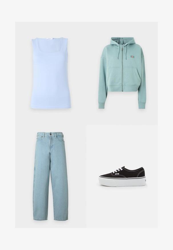 Sudadera con capucha azul claro con cremallera, bolsillos delanteros, capucha con cordón y pequeño parche rectangular con logo en el pecho.; Top sin mangas de color azul claro con un escote cuadrado, hecho de una tela suave, que presenta un diseño ajustado y una silueta minimalista.; Vaqueros de mezclilla azul claro con un corte relajado, piernas rectas, diseño de cinco bolsillos y cierre de botón metálico en la cintura.; Zapatilla de lona negra con suela de plataforma de goma blanca, que presenta cordones y costuras blancas, con branding icónico en el lateral, diseño de corte bajo.