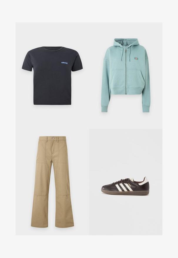 Lyseblå hættetrøje med lynlås, frontlommer, snørre i hætten og lille rektangulært logo på brystet.; Sort bomulds t-shirt med korte ærmer, rund hals, med et blåt "obey" logo på venstre bryst. Glat tekstur, almindelig pasform.; Beige bukser med høj talje og brede ben, udstyret med forlommer, bæltestropper og knaplukning. Enkel, holdbar stof med synlige sømme.; Mørkebrune lædersneakers med hvidt tre-stribet design, en gummisål og "Samba" i gyldne bogstaver på siden. Klassisk lavtopform.