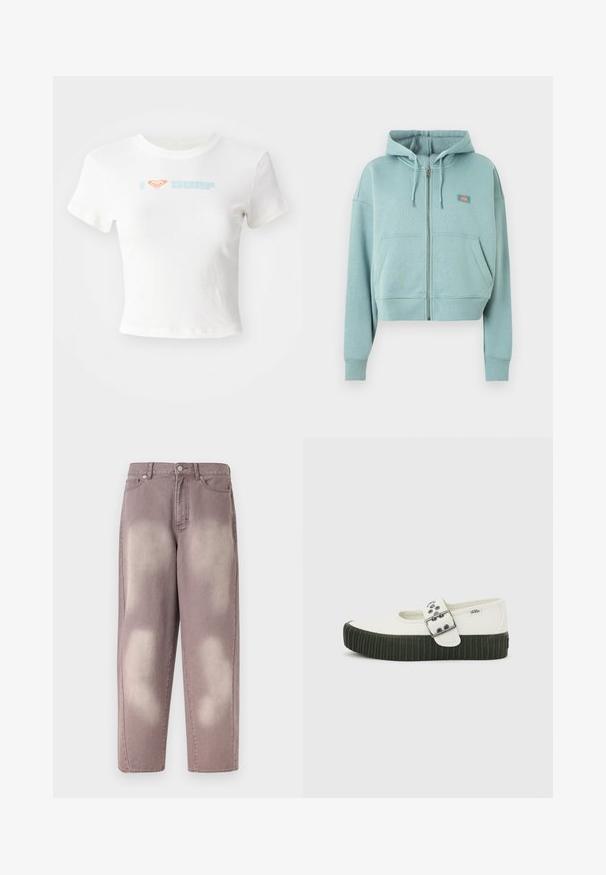 Lichtblauwe hoodie met rits, voorzakken, capuchon met trekkoord en een klein rechthoekig logo op de borst.; Witte cropped T-shirt van katoen, met een oranje hartje en "SURF" in lichtblauwe print op de voorkant. Korte mouwen, ronde hals.; Paars vervaagde spijkerbroek met hoge taille, knoopsluiting en twee voorzakken, weergegeven op een effen achtergrond.; Witte Vans Mary Jane schoen met dikke zwarte geribbelde zool en grote zilveren gesp op effen grijze achtergrond.