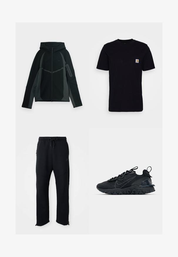 Schwarzer und dunkelgrauer Hoodie mit einem Reißverschluss vorne, großer Kapuze und seitlicher Reißverschlusstasche. Verfügt über ein strukturiertes Design und kontrastierende Einsätze.; Schwarzes Baumwoll-T-Shirt mit kurzen Ärmeln, rundem Hals und einer Brusttasche, die mit einem kleinen, quadratischen Logo-Patch versehen ist. Einfaches, einfarbiges Design.; Schwarze Sporthose mit elastischem Bund und Kordelzug, seitlichen Taschen, schmal zulaufenden Beinen und Reißverschlüssen an den Knöcheln. Glatte Textur.; Schwarzer Sportschuh mit atmungsaktivem Mesh-Obermaterial, strukturierten Akzenten und einer wellenförmigen Gummisohle. Verfügt über ein reflektierendes Logo und ein Schnürsystem.