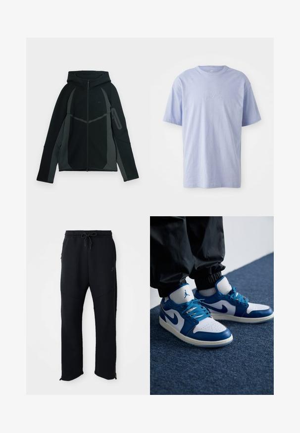 Haut de survêtement noir et gris foncé avec fermeture éclair à l'avant, grande capuche et poche à fermeture éclair sur le côté. Présente un design structuré et des panneaux contrastants.; T-shirt en coton bleu clair avec un col rond et des manches courtes. Présente un logo "nike" en relief au centre devant. Texture douce.; Pantalons de sport noirs avec taille élastique et cordon de serrage, dotés de poches latérales, de jambes fuselées et de zips aux chevilles. Texture lisse.; Les baskets Nike Air Jordan présentent une base en cuir blanc avec des accents en synthétique bleu, une boîte à orteils perforée et des lacets bleus.