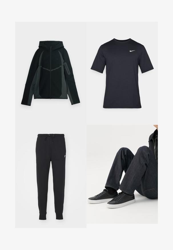 Zwarte en donkergrijze hoodie met een ritssluiting aan de voorkant, een grote capuchon en een zijzak met ritssluiting. Heeft een gestructureerd ontwerp en contrasterende panelen.; Zwart T-shirt met korte mouwen van Nike, gemaakt van gladde stof, met een wit swoosh-logo op de bovenlinkerzijde, ronde hals.; Zwarte joggingbroek van een katoenmix, met een verstelbare tailleband, taps toelopende pijpen en een klein wit logo aan de voorkant.; Persoon zittend met gebogen benen, draagt donkerblauwe spijkerbroek en zwarte lage sneakers met witte zolen op een witte achtergrond.