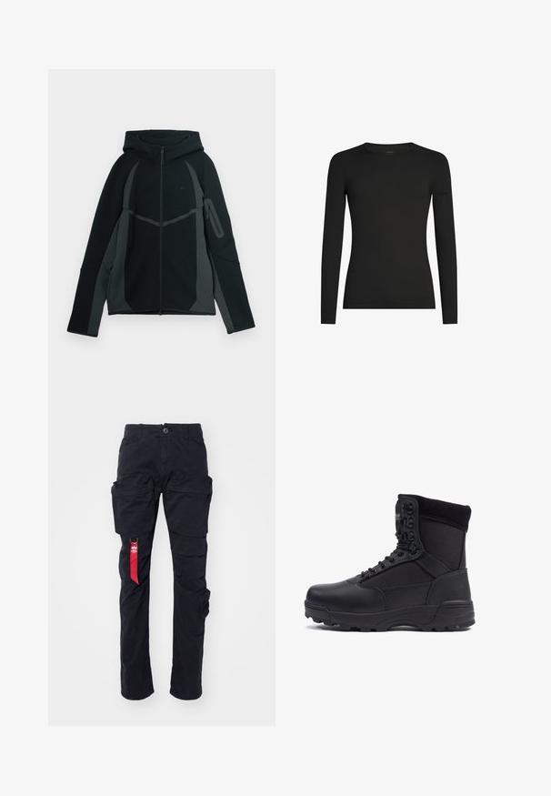 Sudadera negra y gris oscuro con cremallera frontal, gran capucha y bolsillo lateral con cremallera. Presenta un diseño estructurado y paneles en contraste.; Camiseta negra de manga larga ajustada con cuello redondo y un sutil logo de Icebreaker en la manga izquierda, mostrada sobre un fondo blanco.; Pantalones cargo negros con múltiples bolsillos laterales, un pasador para cinturón y una etiqueta de tela roja en el lado izquierdo. Hechos de un material de algodón duradero.; Bota táctica negra con parte superior de piel lisa y paneles de tela, diseño de tobillo alto, cierre con cordones y suela de goma resistente.