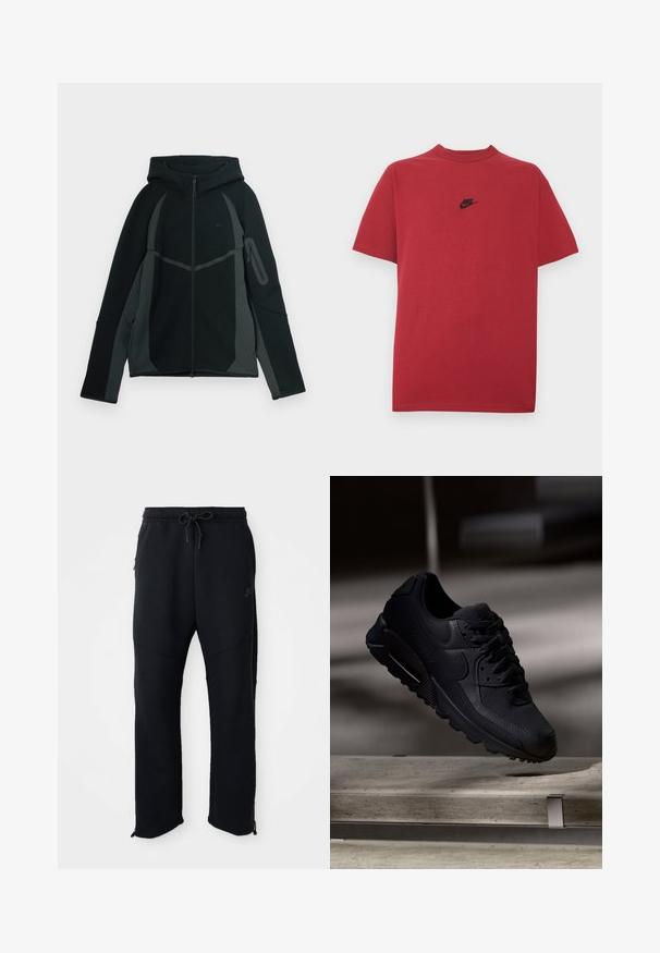 Sort og mørkegrå hættetrøje med lynlås foran, stor hætte og sidelomme med lynlås. Har et struktureret design og kontrasterende paneler.; Rød bomuld t-shirt med et sort Nike-logo på brystet, korte ærmer, rund halsudskæring og almindelig pasform. Glat tekstur.; Sorte træningsbukser med elastisk linning og snoretræk, har sidelommer, smalle ben og lynlåse ved anklerne. Glat tekstur.; Sorte Nike Air Max 90 sneakers med en tekstureret mesh-overdel, glatte læderdetaljer, polstret krave og synlig luftstød i sålen.