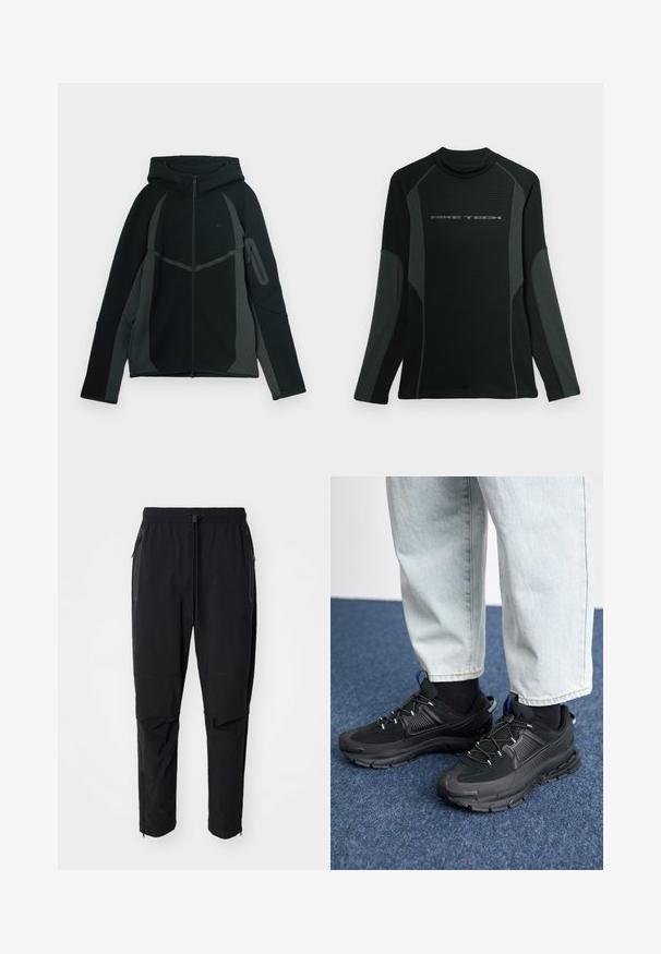 Sort og mørkegrå hættetrøje med lynlås foran, stor hætte og sidelomme med lynlås. Har et struktureret design og kontrasterende paneler.; Sort langærmet skjorte med høj krave, lavet af tekstureret stof. Har grå sidepaneler og "NIKE TECH" logo over brystet.; Sort, lette udendørsbukser med elastisk talje og justerbar snoretræk. Har lynlåslommer og tapered manchetter.; Sorte træningssko med tekstureret stof og gummisåler, udstyret med elastiske snørebånd og en blå detalje på hælen. Bæres med lyse denimbukser.