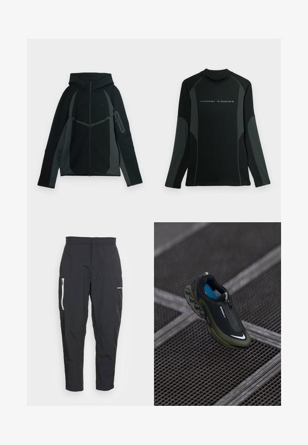 Sudadera negra y gris oscuro con cremallera frontal, gran capucha y bolsillo lateral con cremallera. Presenta un diseño estructurado y paneles en contraste.; Camisa negra de manga larga con cuello alto, hecha de una tela texturizada. Presenta paneles laterales grises y el logo "NIKE TECH" en el pecho.; Pantalones cargo negros hechos de una tela ligera. Sus características incluyen bolsillos laterales con cremallera y un acento texturizado en el muslo. Ajuste entallado.; Zapatilla Nike Air Max en negro y oliva con un cuerpo liso, cierre con cremallera y cápsulas de amortiguación de aire distintivas en la suela. Plantilla azul visible.
