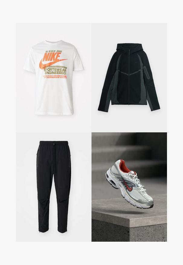 Zwarte en donkergrijze hoodie met een ritssluiting aan de voorkant, een grote capuchon en een zijzak met ritssluiting. Heeft een gestructureerd ontwerp en contrasterende panelen.; Witte katoenen t-shirt met een groot oranje 'NIKE' logo en groene tekst die 'SPORTSWEAR ENGINEERED' zegt, plus aanvullende specificaties.; Zwarte, lichte buitenbroeken met een elastische tailleband en verstelbaar trekkoord. Beschikt over ritszakken en taps toelopende boorden.; Witte en zilveren Nike hardloopschoen met rode accenten die zweeft boven een betonnen rand, waarbij de zijkant en zool details worden getoond.