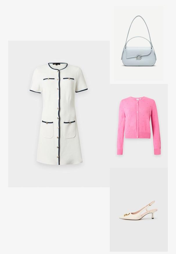 Cardigan rose à manches longues avec boutons, motifs floraux perforés petits et poignets ainsi qu'ourlet côtelés, présenté sur fond blanc.; Robe blanche à manches courtes avec bordure marine, boutons dorés sur le devant, deux poches poitrine et deux poches sur les hanches, longueur au genou, encolure ronde.; Escarpins à bride arrière beige à bout pointu, ornés d'une chaîne décorative dorée, d'un petit talon bloc et de découpes latérales. Texture en cuir lisse.; Sac à main en cuir bleu clair avec rabat arrondi, fermoir circulaire argenté et deux bretelles d'épaule sur un fond uni.
