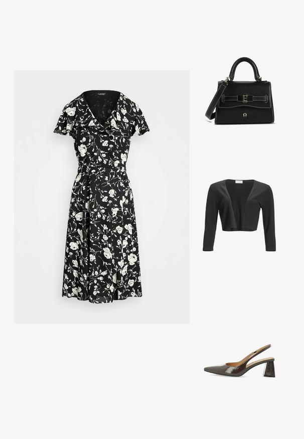 Cardigan noir court, ouvert à l'avant, avec manches longues et un tricot simple et léger.; Robe noire avec motif floral blanc, manches courtes, décolleté en V et accents de boutons. Jupe évasée pour un ajustement fluide. Le matériau semble léger.; Escarpins à talons hauts avec bride arrière en cuir verni marron foncé brillant, bout pointu, côtés découpés et talon carré.; Sac à main en cuir noir avec une finition texturée. Présente une forme structurée, une poignée courte, une bandoulière réglable et un détail boucle décoratif.