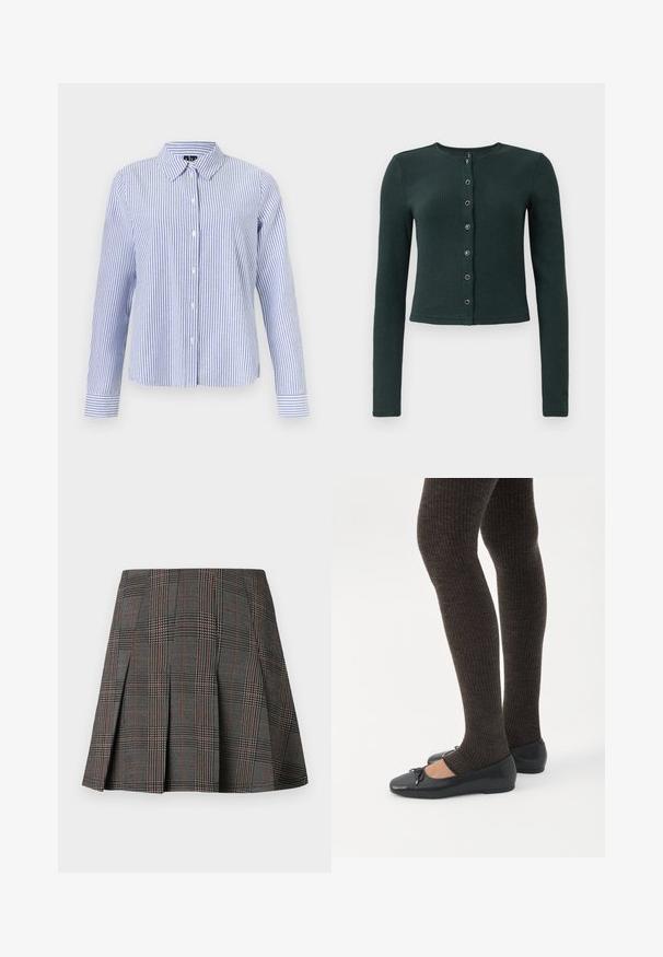 Cardigan côtelé vert foncé à manches longues, col rond et fermeture par bouton sur le devant avec six boutons métalliques.; Chemise à manches longues boutonnée, avec des rayures verticales blanches et bleu clair et un col pointu, présentée sur un fond uni.; Jupe à carreaux gris avec des plis, ornée de motifs complexes en noir et blanc, accentuée par de fines lignes rouges. Fabriquée dans un tissu structuré.; Jambes portant des leggings côtelés foncés associés à des ballerines noires avec de petits détails en nœud sur fond blanc.