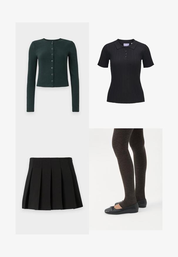 Cardigan de canalé verde oscuro con mangas largas, cuello redondo y cierre frontal de botones que presenta seis botones metálicos.; Camiseta tipo polo negra de manga corta con tejido de punto acanalado, cuatro botones y cuello tradicional.; Mini falda negra con diseño estructurado, hecha de una tela suave. Cuenta con una cinturilla y pliegues verticales espaciados uniformemente.; Piernas con leggings oscuros acanalados combinados con bailarinas negras que presentan pequeños detalles de lazo sobre un fondo blanco.