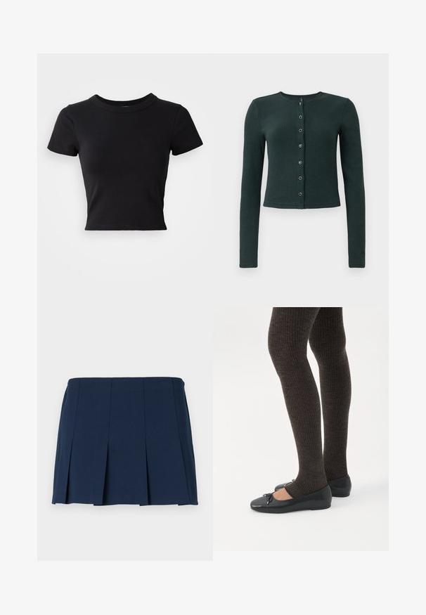 Cardigan de canalé verde oscuro con mangas largas, cuello redondo y cierre frontal de botones que presenta seis botones metálicos.; Camiseta corta negra hecha de algodón sólido, con mangas cortas y un cuello redondo, de diseño suave y sencillo.; Falda mini plisada de color azul marino con una cinturilla recta, hecha de una tela suave. Presenta costuras verticales a lo largo de los pliegues.; Piernas con leggings oscuros acanalados combinados con bailarinas negras que presentan pequeños detalles de lazo sobre un fondo blanco.