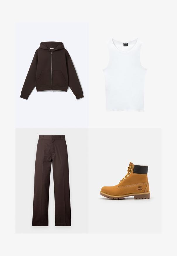 Sweat à capuche noir avec fermeture éclair, poches avant et capuche, posé à plat sur un fond blanc.; Débardeur blanc sans manches en coton côtelé. Présente un col rond et une texture lisse. L'étiquette indique "PULL&BEAR."; Pantalon marron droit avec passants de ceinture et fermeture éclair à l'avant, présenté sur un fond clair uni.; Bottine en cuir brun avec œillets en métal, doublure en fourrure blanche, col rembourré noir, semelle robuste et logo en relief sur le côté.