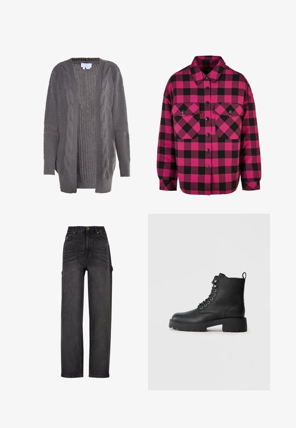 Cardigan gris ouvert à l'avant en tissu tricoté. Présente des détails en tricot torsadé, des poignets côtelés et un intérieur texturé. Design décontracté et surdimensionné.; Chemise à carreaux rose et noire avec des manches longues, un col pointu et deux poches poitrine. Présente des boutons noirs et une coupe décontractée.; Jean cargo taille haute en denim noir avec une coupe large, poches latérales et détails de décoloration subtils. Tissu durable et coutures contrastantes.; Bottines en cuir noir avec un bout arrondi, un laçage à l'avant et une semelle épaisse à relief. Elles possèdent une languette à l'arrière.