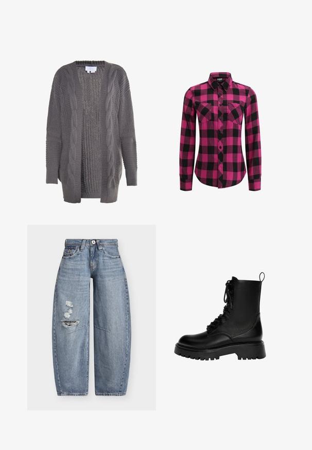 Grå åben cardigan lavet af strikket stof. Har kabelstrik detaljer, ribbede manchetter og et tekstureret interiør. Casual og oversized design.; Langærmet ternet skjorte med et livligt pink og sort ternet mønster, knaplukning foran og to brystlommer. Lavet af bomuldsmateriale.; Blå denim jeans med vide ben, høj talje og slidte revner på venstre lår, med forlommer og bæltestropper.; Sorte snørebånd ankelstøvler lavet af syntetisk læder, med en kraftig sål, trækstrop og fremtrædende syninger.