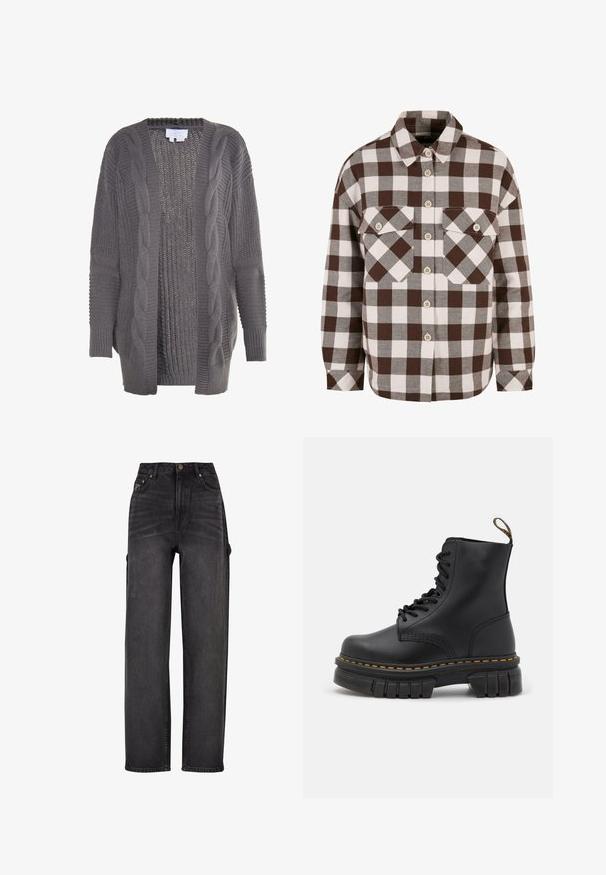 Grå åben cardigan lavet af strikket stof. Har kabelstrik detaljer, ribbede manchetter og et tekstureret interiør. Casual og oversized design.; Brun og hvid plaid knap-op skjorte med to brystlommer, der har en klassisk krave og knap-ned foran. Blød stofstruktur.; Højtaljede cargo jeans i sort denim med vid ben-design, sidelommer og subtile falmning detaljer. Holdbart stof og kontraststik.; Sort læder snørre støvle med en kraftig sål, gul syning, rund tå og en træksløjfe bagpå for nem påtagning.