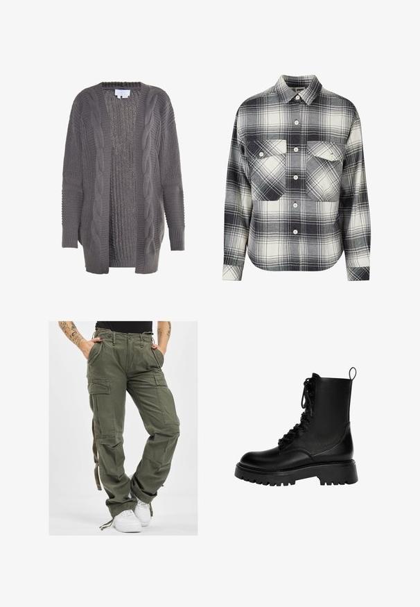 Grå åben cardigan lavet af strikket stof. Har kabelstrik detaljer, ribbede manchetter og et tekstureret interiør. Casual og oversized design.; Rutet flannel skjorte i sort, hvid og grå. Har knaplukning foran, to brystlommer og lange ærmer med knapmansjetter.; Olivengrønne cargo-bukser med flere lommer, snøre i taljen og afslappet pasform. Stoffet har en blød tekstur og en robust, holdbar fremtoning.; Sorte snørebånd ankelstøvler lavet af syntetisk læder, med en kraftig sål, trækstrop og fremtrædende syninger.