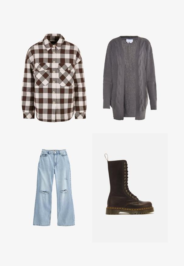 Grå åben cardigan lavet af strikket stof. Har kabelstrik detaljer, ribbede manchetter og et tekstureret interiør. Casual og oversized design.; Brun og hvid plaid knap-op skjorte med to brystlommer, der har en klassisk krave og knap-ned foran. Blød stofstruktur.; Lyseblå, vide jeans i denim med slidte revner på lårene, høj talje og standard fem-lomme design.; Høj mørkebrun læder snørestøvle med gule syninger, tyk rillede sål og trækstrop bagpå.