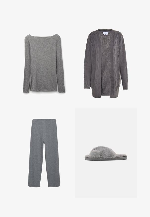 Grauer Cardigan mit offener Front aus Strickstoff. Mit Zopfmuster-Details, gerippten Bündchen und strukturierter Innenseite. Lässig und im Oversize-Design.; Graues, eng anliegendes Langarmshirt mit weitem Boot-Ausschnitt, aus weichem, leichtem Strickstoff.; Graue, baumwollmixweite Hose mit elastischem Bund, die eine glatte Textur und ein einfaches, ungeschmücktes Design aufweist.; Graue, flauschige Hausschuhe mit einer weichen, plüschigen Textur und offenem Zehendesign. Sie verfügen über eine dicke, strukturierte Sohle für Komfort und Langlebigkeit.