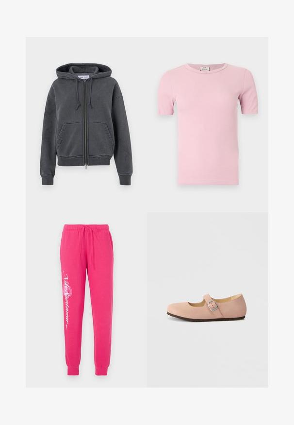 Kulgrå lynlås-hoodie lavet af blødt stof med snoretræk i huen, frontlommer samt ribkant ved ærmerne og nederkanten. Minimalistisk design.; Lys lyserød ribstrikket T-shirt med korte ærmer og rund hals, vist fladt mod en hvid baggrund.; Lyserøde sweatpants lavet af blødt stof, med snor i taljen, tapered cuffs og hvid grafisk tekst på venstre ben.; Lyserød ruskind Mary Jane sko med rund snude, flad sål og en sølvfarvet spændeaccent på remmen. Enkel design og glat tekstur.