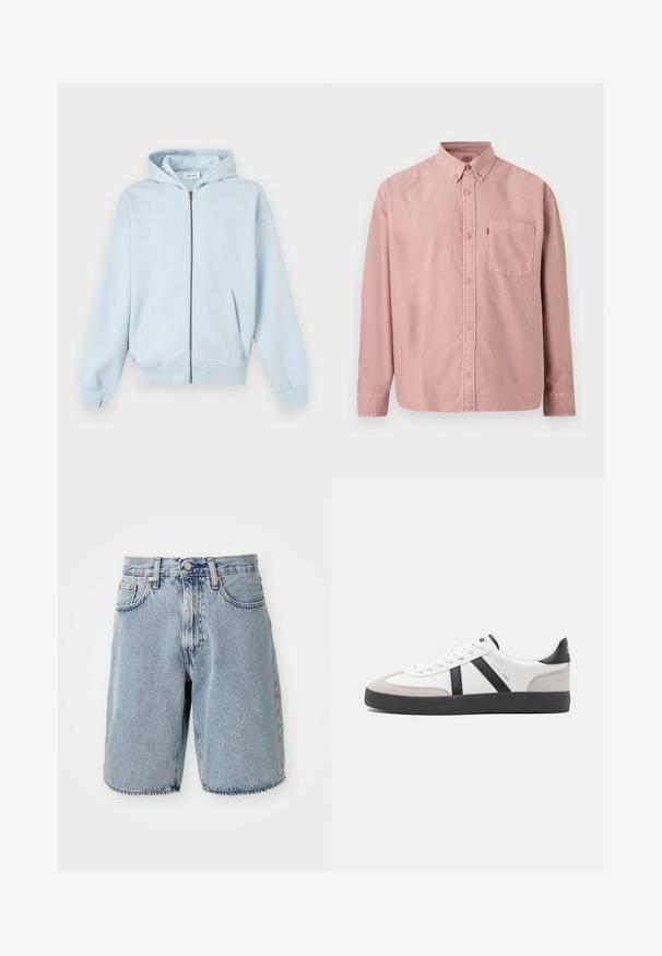 Lichtblauwe zip-up hoodie met zakken aan de voorkant en geribde manchetten, getoond op een witte achtergrond.; Roze overhemd met lange mouwen, knopen aan de voorkant, een borstzak en een button-down kraag, getoond tegen een effen achtergrond.; Lichtblauwe denim shorts met een hoge taille, rechte pasvorm, rafelige zoom, vijf zakken en knoopsluiting. Versleten textuur zichtbaar.; Witte sneaker met zwarte en grijze accenten, voorzien van een grijze neus met textuur, zwarte rubberen zool en platte witte veters. Schoon ontwerp, minimalistische stijl.