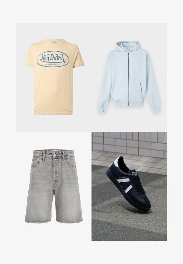 Sweat à capuche zippé bleu clair avec poches avant et poignets côtelés, présenté sur fond blanc.; T-shirt beige manches courtes col rond avec logo bleu "Von Dutch California" imprimé sur le devant.; Short en jean gris clair avec passants de ceinture, bouton et fermeture éclair à l'avant, et cinq poches, présenté sur un fond blanc uni.; Sneaker en cuir noir avec des rayures blanches, semelle en caoutchouc texturée et devant à lacets. Présente une étiquette de marque sur la languette.