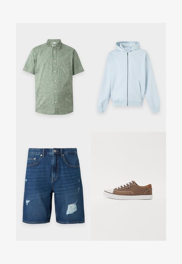 Sweat à capuche zippé bleu clair avec poches avant et poignets côtelés, présenté sur fond blanc.; Chemise à manches courtes vert clair avec des contours floraux foncés subtils et une poche poitrine, affichée sur un fond uni.; Short en jean bleu avec des zones usées sur la cuisse gauche et droite, avec poches avant, passants pour ceinture et fermeture par bouton.; Baskets en toile brunes avec lacets blancs, embout en caoutchouc et accents contrastants beige sur le talon, présentant un petit emblème tricolore.