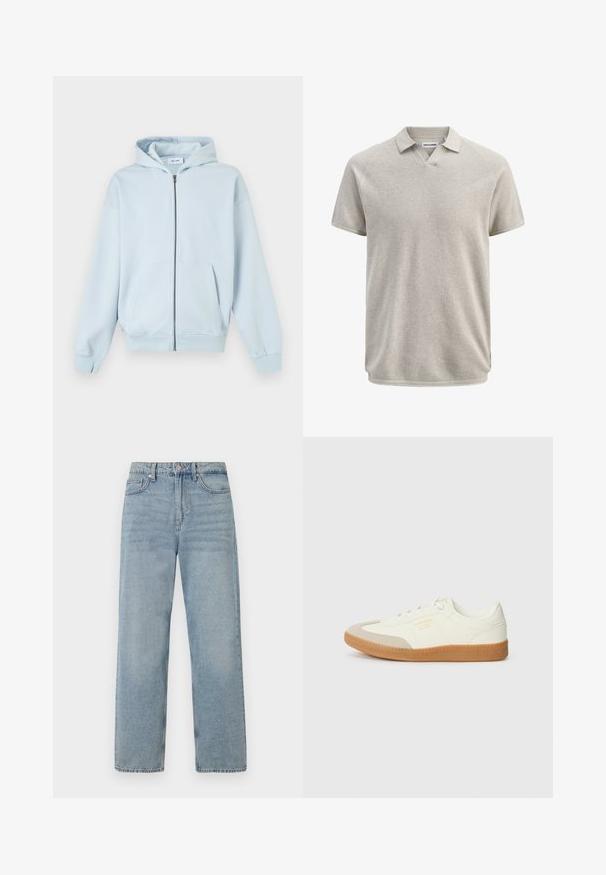 Sweat à capuche zippé bleu clair avec poches avant et poignets côtelés, présenté sur fond blanc.; Polo beige texturé à manches courtes avec col et légère ouverture en V, portant l'étiquette Jack & Jones.; Jean en denim bleu clair à taille haute, coupe droite, avec cinq poches et un léger délavage pour un effet usé.; Baskets en cuir blanc avec une coque beige et une semelle en caoutchouc marron clair. Dotées de lacets blancs plats et d'un logo embossé sur le côté.