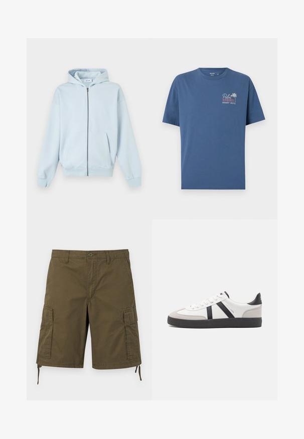 Sweat à capuche zippé bleu clair avec poches avant et poignets côtelés, présenté sur fond blanc.; T-shirt bleu à manches courtes avec le texte "Palm Springs Desert Motel" et un graphisme de palmier sur le côté gauche de la poitrine.; Short cargo kaki avec poches latérales à rabat, fermeture à boutons à l'avant, passants pour ceinture et cordons réglables à l'ourlet.; Baskets blanches avec des accents noirs et gris, présentant un embout texturé gris, une semelle en caoutchouc noir et des lacets plats blancs. Design épuré, style minimaliste.