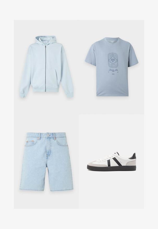 Sweat à capuche zippé bleu clair avec poches avant et poignets côtelés, présenté sur fond blanc.; T-shirt bleu clair à manches courtes avec un col rond et un motif graphique bleu marine représentant une plante et le texte « Riviera Libre France » sur le devant.; Short en denim bleu clair avec poches avant, passants de ceinture, bouton en métal et fermeture éclair sur un fond blanc uni.; Baskets blanches avec des accents noirs et gris, présentant un embout texturé gris, une semelle en caoutchouc noir et des lacets plats blancs. Design épuré, style minimaliste.