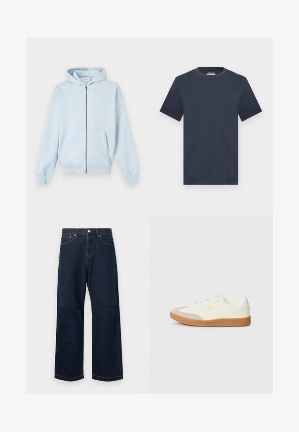 Hellblauer Kapuzenpullover mit Reißverschluss, Fronttaschen und gerippten Bündchen, auf weißem Hintergrund dargestellt.; Marineblaue T-Shirt mit kurzen Ärmeln und Rundhalsausschnitt in lässiger Passform, präsentiert vor einem hellgrauen Hintergrund.; Dunkelblaue Denim-Jeans mit geraden Beinen, die ein klassisches Fünf-Taschen-Design, kontrastierende Nähte und ein kleines farbiges Etikett an der Seite aufweisen.; Sneaker aus weißem Leder mit einer beigen Zehenkappe und leichter brauner Gummisohle. Verfügt über flache weiße Schnürsenkel und geprägtes Branding an der Seite.