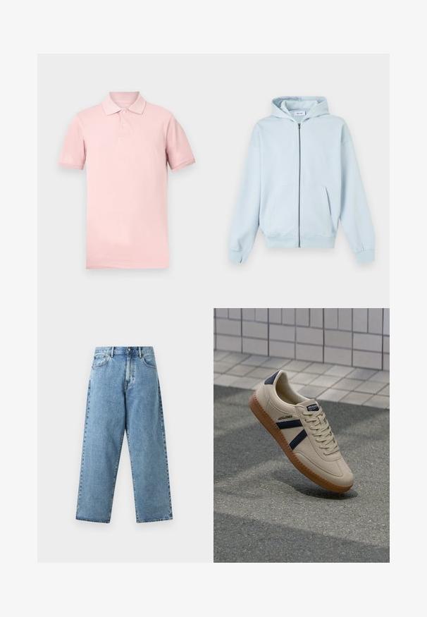 Sweat à capuche zippé bleu clair avec poches avant et poignets côtelés, présenté sur fond blanc.; Polo à manches courtes rose pâle avec col côtelé et deux boutons, design uni, présenté sur un fond blanc.; Jean en denim bleu clair avec taille haute, jambes larges et droites, bouton sur le devant, fermeture éclair et design à cinq poches.; Baskets beiges avec une finition texturée, bandes navy et semelle en caoutchouc. Équipées d'une languette rembourrée et d'un système de laçage traditionnel pour un maintien sécurisé.