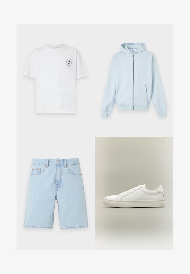 Hellblauer Kapuzenpullover mit Reißverschluss, Fronttaschen und gerippten Bündchen, auf weißem Hintergrund dargestellt.; Weißes Baumwoll-T-Shirt mit Rundhalsausschnitt, kurzen Ärmeln und einem runden schwarzen Grafikdesign mit einer Figur auf der linken Brustseite.; Hellblaue Jeansshorts mit Fronttaschen, Gürtelschlaufen, Metallknopf und Reißverschluss vor einem schlichten weißen Hintergrund.; Weißer Sneaker mit niedrigem Schaft, vorn mit Schnürung und dicker Sohle, aus der Seitenansicht vor neutralem Hintergrund.
