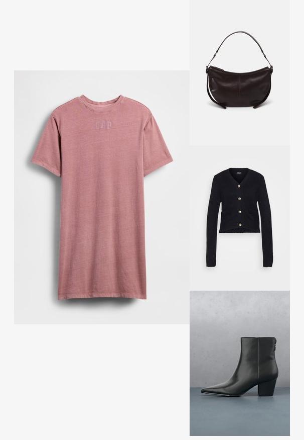 Sort cropped cardigan lavet af struktureret strikstof. Har v-hals, lange ærmer og knapper i guldfarve med to frontlommer.; Lyserød bomulds-T-shirt med korte ærmer, rund hals og et diskret "GAP"-logo trykt på brystet. Blød tekstur og afslappet pasform.; Sort læder ankelstøvle med spids tå og moderat hæl, der har en glat overflade og minimal dekoration, sat mod en mønstret baggrund.; Mørkebrun læder skuldertaske med en buet form, glat tekstur og en enkelt justerbar rem. Har lynlåslukning.
