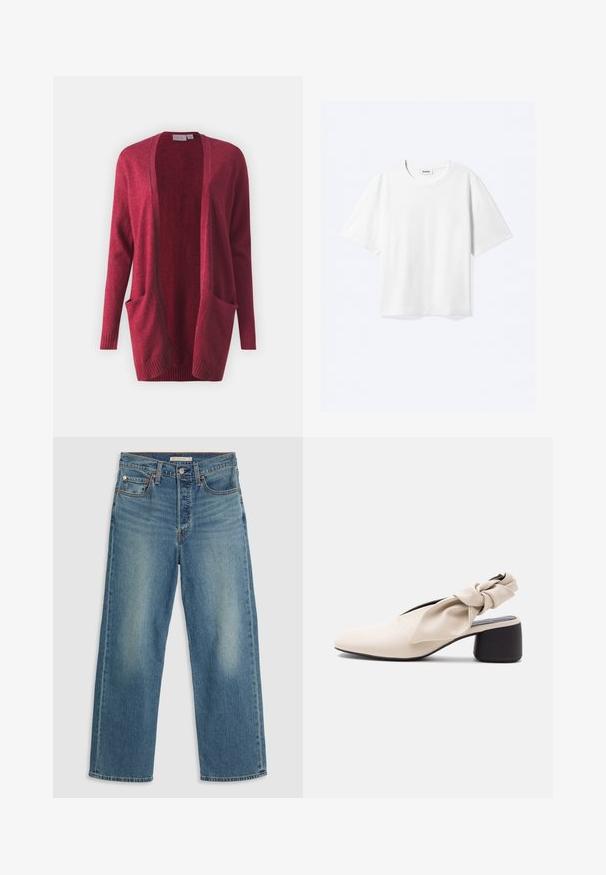 Cárdigan rojo con abertura frontal, mangas largas y dos bolsillos laterales. Fabricado en un suave tejido de punto texturizado, con un dobladillo acanalado.; Camiseta blanca de manga corta con cuello redondo y dobladillo recto, con etiqueta de la marca "WEEKDAY" dentro del escote.; Jeans de mezclilla azul claro con corte recto. Las características incluyen una cinturilla cosida, cinco bolsillos y desvanecimiento visible.; Zapato beige para mujer con tacón bajo, punta afilada y detalle de tira retorcida sobre el empeine y el talón.
