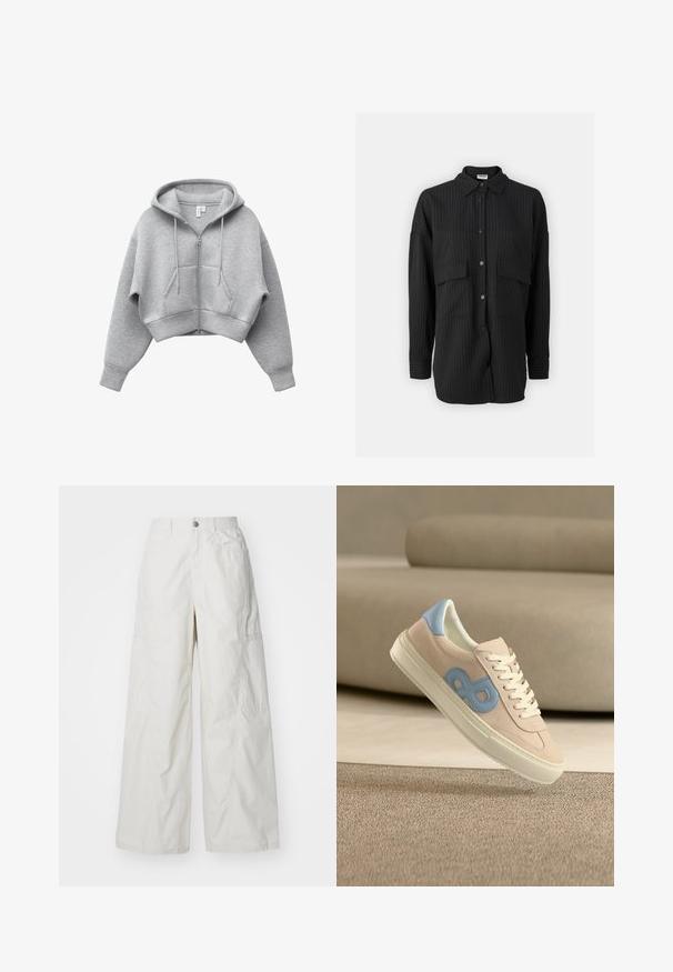 Helehall, lühendatud lukkuga kapuutsiga jope ees taskute, pikkade varrukate, kapuutsi ja nöörkinnitustega.; Must mustriga must shirt, mil vertical pingutusmustriga ja kahe esikoti ning krae. Valmistatud siledast kangast, pikkade varrukatega.; Kerged säärtega cargo püksid helesandis, valmistatud kergest kangast. Omavad küljetaskuid ja nuppudega kinnitust vööl.; Beežid tossud valgete paelte ja sinise logodega, mis hõljuvad tekstuurse beeži vaiba kohal pehme beeži tausta ees.
