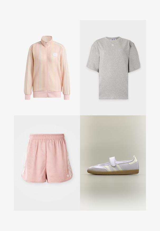 Lichtroze jas met volledige ritssluiting en geribbelde structuur, drie witte strepen op de mouwen, geribbelde manchetten en zoom, en een klein logopatch op de borst.; Lichtgrijs Adidas T-shirt met korte mouwen, ronde hals en klein wit Adidas-logo op de borst, weergegeven op een effen achtergrond.; Roze sport shorts met een elastische tailleband, witte zijstreepdetails en een klein logo aan de onderkant van de linkervoorzijde. Glad textuur van de stof.; Witte en crèmekleurige lage sneaker met een enkele klittenbandsluiting en een lichtbruine rubberen zool, zijaanzicht op een neutrale achtergrond.