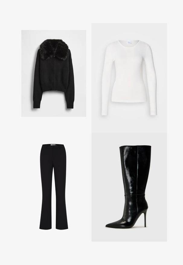 Sort cropped cardigan med ribbet tekstur, der har en faux pelskrave og en lynlås foran. Lange ærmer med tætsiddende manchetter.; Hvid langærmet skjorte lavet af et blødt, glat stof; har en rund halsudskæring og en tætsiddende facon uden mønstre eller pynt.; Sorte flared bukser lavet af et glat stof, med en tætsiddende talje og et enkelt frontdesign uden lommer.; Sorte læderknælange støvler med spids tå og høj stilettohæl. Glat tekstur og slank design, med minimalt detaljer.