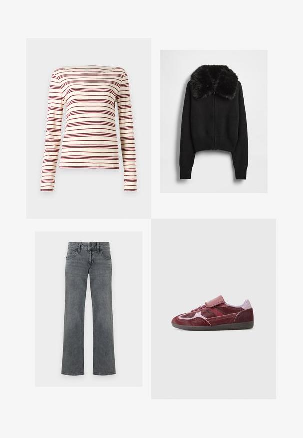 Sort cropped cardigan med ribbet tekstur, der har en faux pelskrave og en lynlås foran. Lange ærmer med tætsiddende manchetter.; Langærmet top i creme med maroon vandrette striber; bådudskæring; blødt stof; tætsiddende design med let stræk.; Grå denimjeans med lige ben, lynlås og knap foran samt fem-lomme-design, vist mod en hvid baggrund.; Røde ruskinds sneakers med en glat tå, teksturerede sider, tonede snørebånd og en velcro-rem. Har en holdbar sort gummisål.