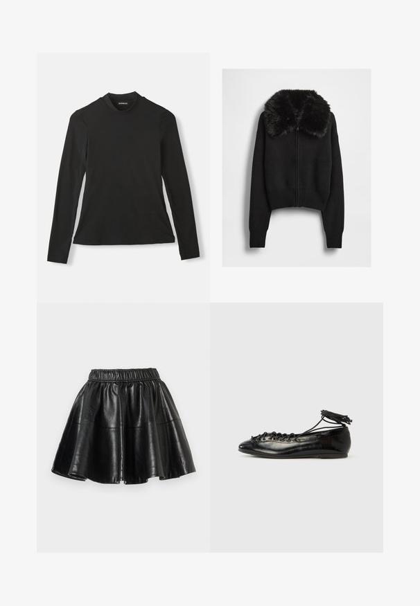 Cardigan court noir à texture côtelée, avec un col en fausse fourrure et une fermeture éclair à l'avant. Manches longues avec poignets ajustés.; T-shirt noir à manches longues en coton doux. Présente un col haut et un design ajusté, avec une texture lisse et sans motifs visibles.; Jupe évasée en faux cuir noir avec une taille élastique et des coutures visibles sur un fond blanc uni.; Ballerines en cuir verni noir avec un bout rond, un design à lacets et une semelle plate. Texture lisse avec peu de détails.