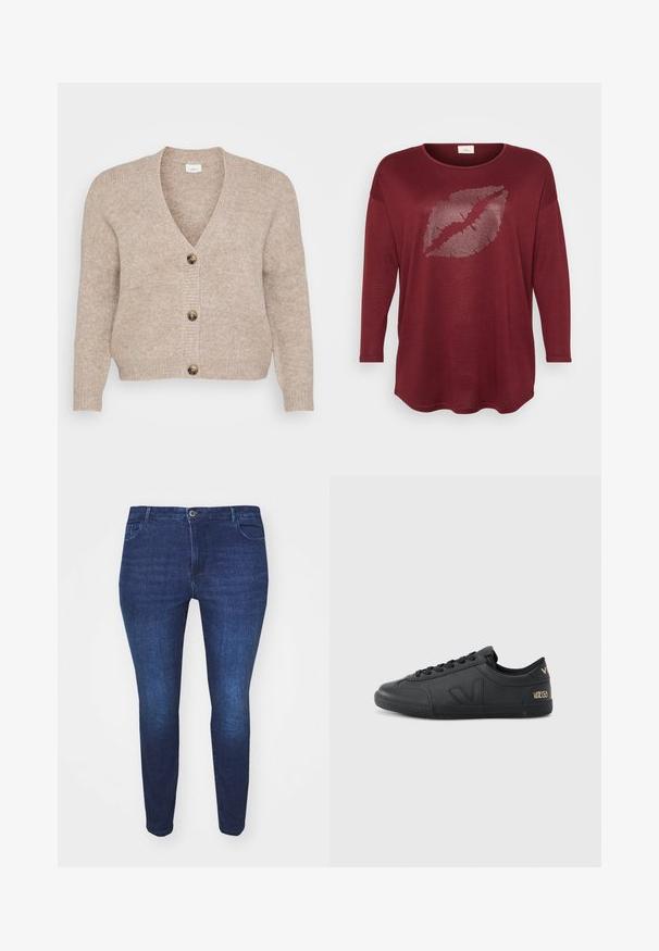 Beige strikket cardigan med V-udskæring, fem brune knapper ned foran og ribstrikkede manchetter. Blød tekstur med en afslappet pasform.; Bordeaux langærmet top i et blødt stof med et sølvbesat læbeprint i midten. Rund halsudskæring og let buet kant.; Mørkeblå slim-fit denim jeans med frontknap og lommer, vist fra forsiden mod en hvid baggrund.; Sort syntetisk sneaker med rundet tå, teksturerede sider, snørebånd foran og guldskrift på hælen. Gummisål med mønster for bedre greb.